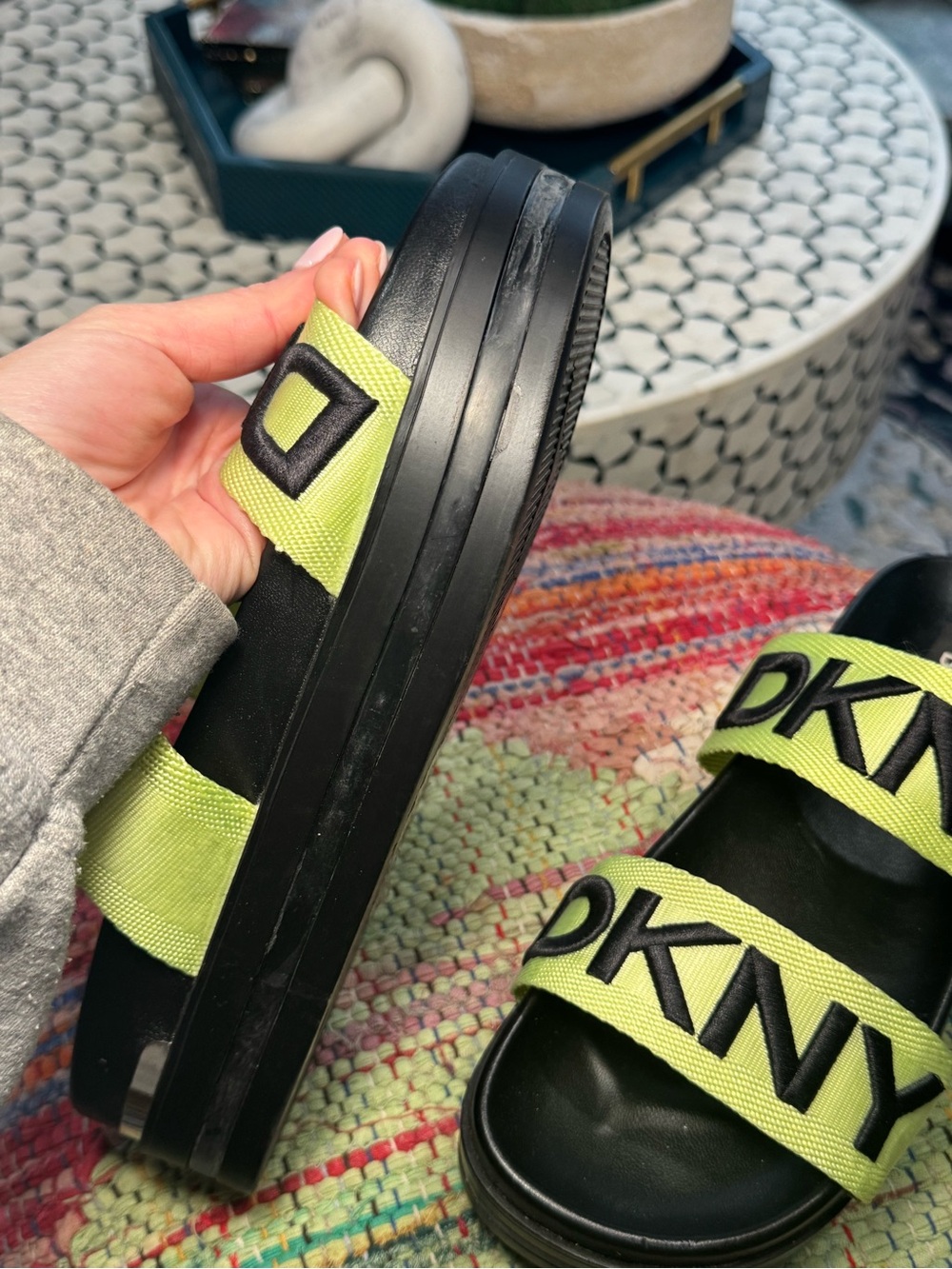 DKNY Black Slide Sandals with Neon Yellow Logo Straps Platform Logo Heeled - Picture 4 of 6
